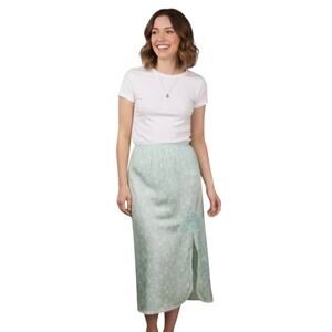 Vintage 70s Satin Slip Skirt Lace Slit Mint Green Floral Pastel M Coquette Fairy